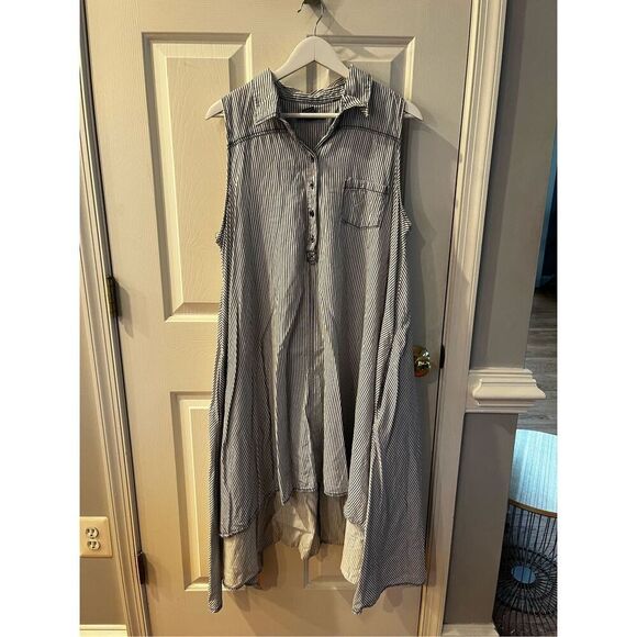 Chelsea & Theodore Black & White Striped Lagenlook Coastal Hi-Lo Shirt Dress sz - Picture 1 of 6